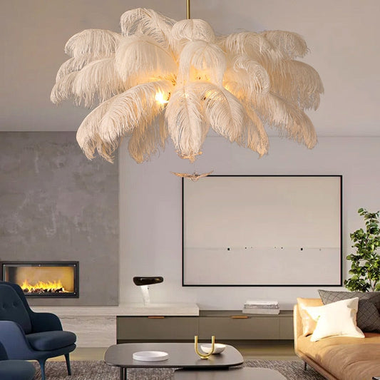 Feather Pendant Light - White Synthetic Shade with Gold Frame, 60cm Length