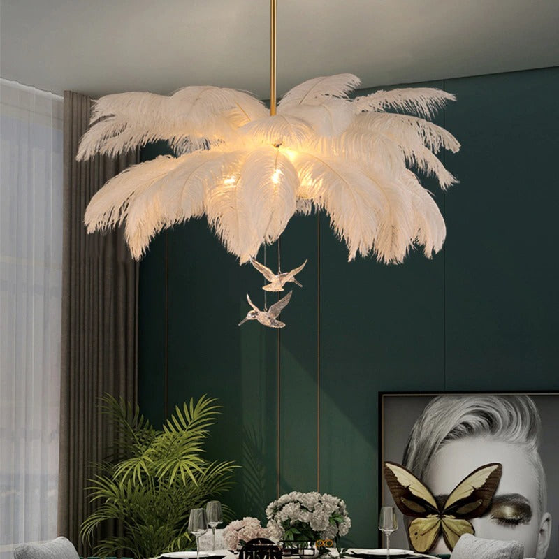 Feather Pendant Light - White Synthetic Shade with Gold Frame, 60cm Length