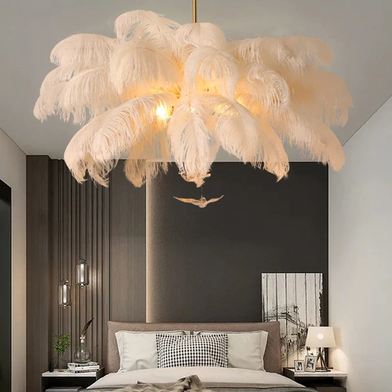 Feather Pendant Light - White Synthetic Shade with Gold Frame, 60cm Length