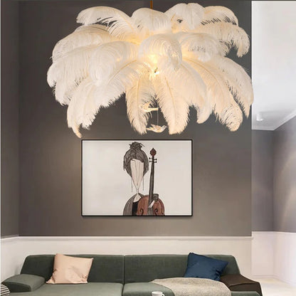 Feather Pendant Light - White Synthetic Shade with Gold Frame, 60cm Length