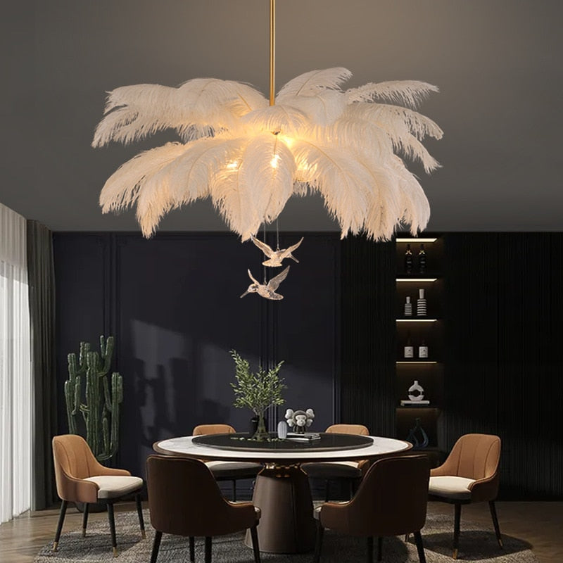Feather Pendant Light - White Synthetic Shade with Gold Frame, 60cm Length